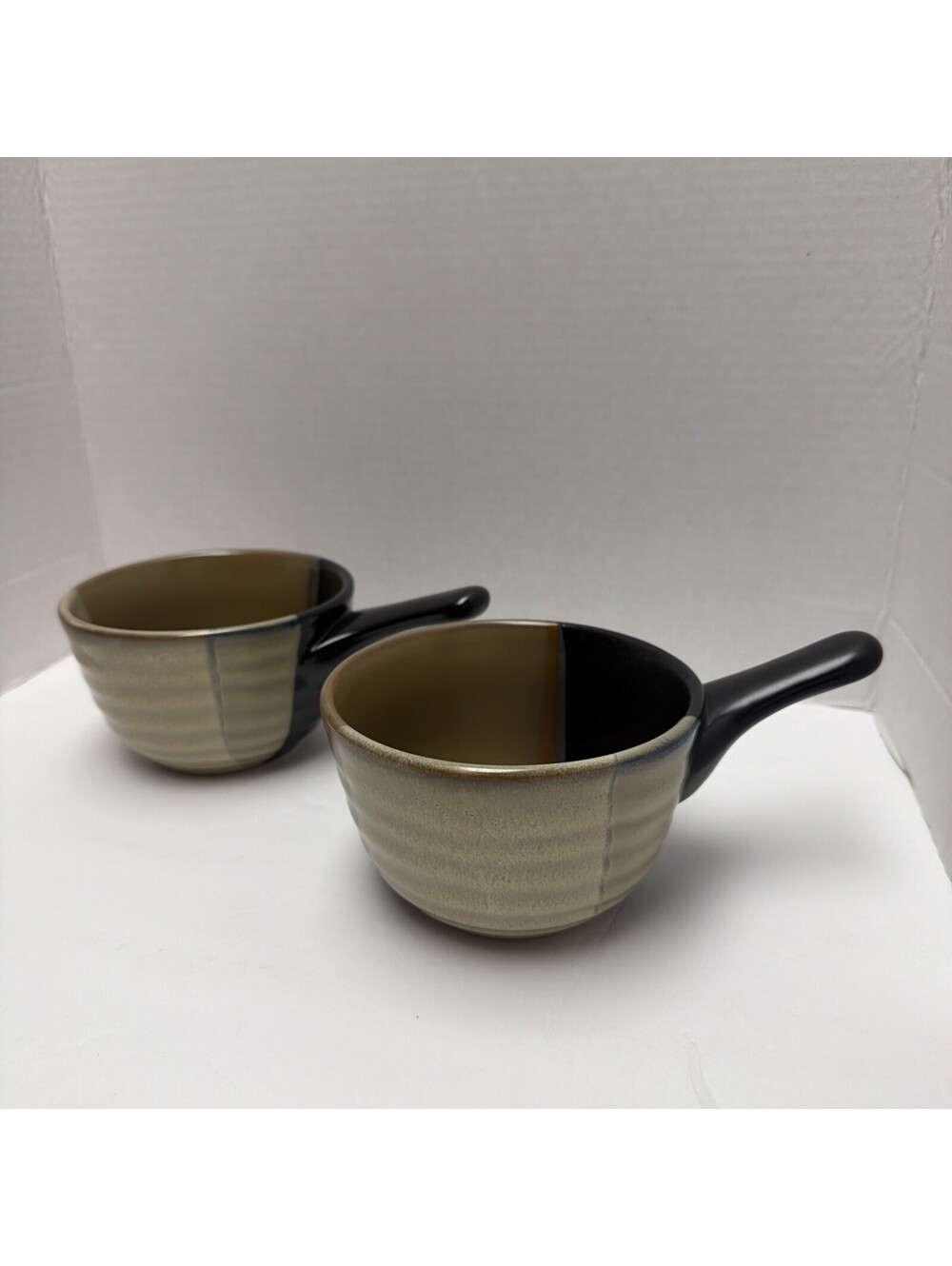 Set Of 2 Sango Gold Dust Black 5022 Soup Chili Bowls With Handle French Onion